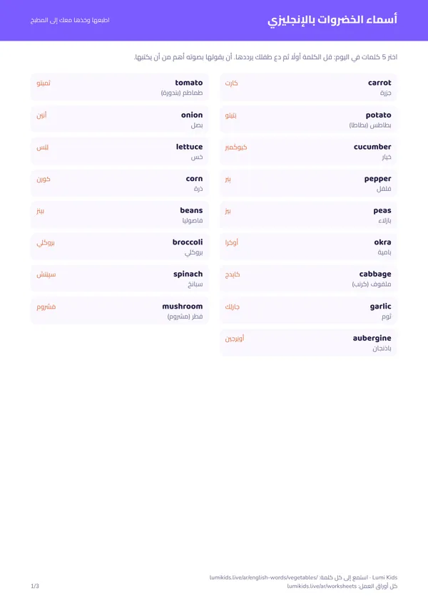 أسماء الخضروات بالإنجليزي مع النطق: الصفحة الأولى من ملف PDF