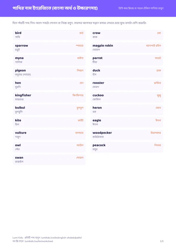 পাখির নাম ইংরেজিতে: PDF-এর প্রথম পাতা