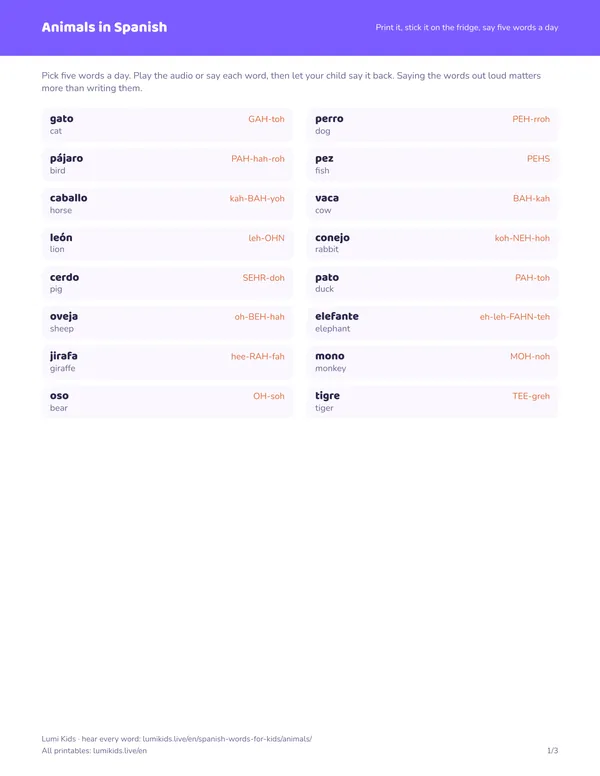 Animals in Spanish: first page of the printable PDF