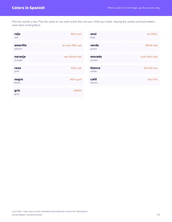 Colors in Spanish: first page of the printable PDF
