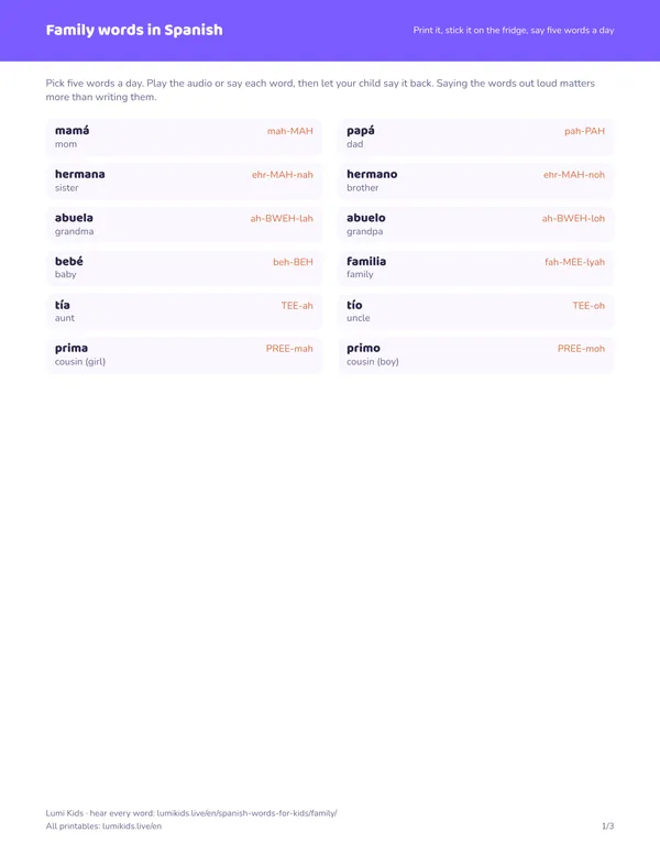 Family words in Spanish: first page of the printable PDF