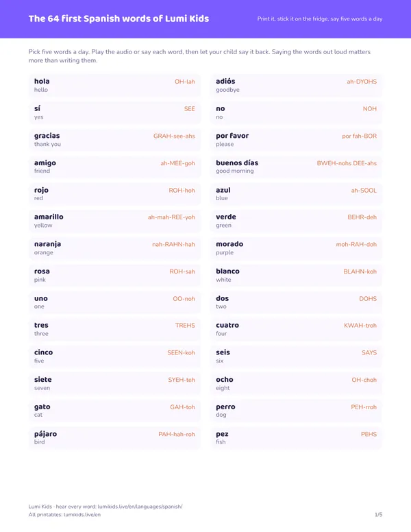 The 64 first Spanish words of Lumi Kids: first page of the printable PDF