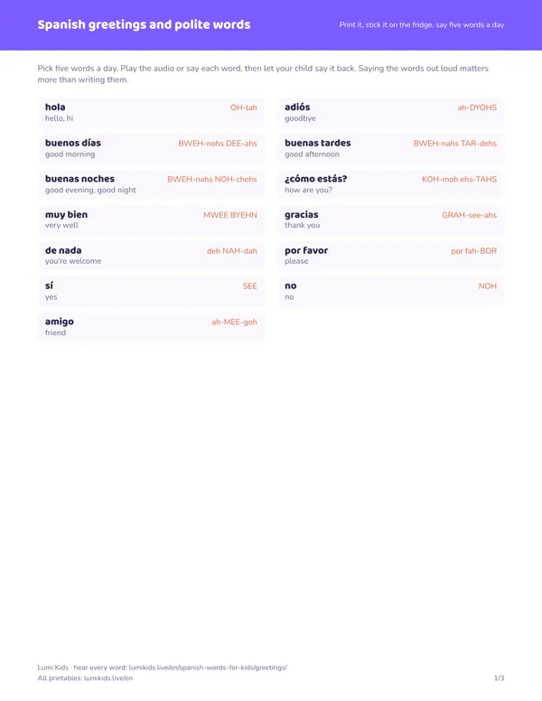Spanish greetings and polite words: first page of the printable PDF