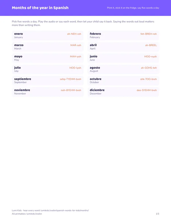 Months of the year in Spanish: first page of the printable PDF