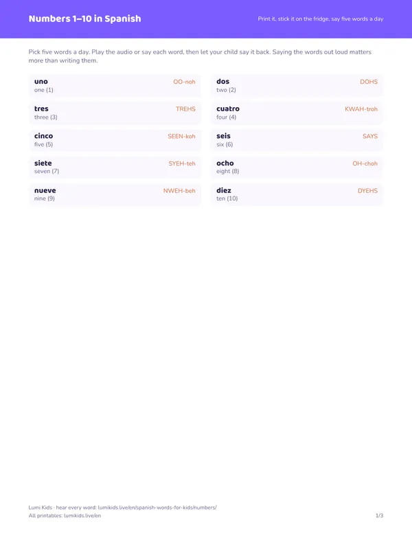 Numbers 1–10 in Spanish: first page of the printable PDF