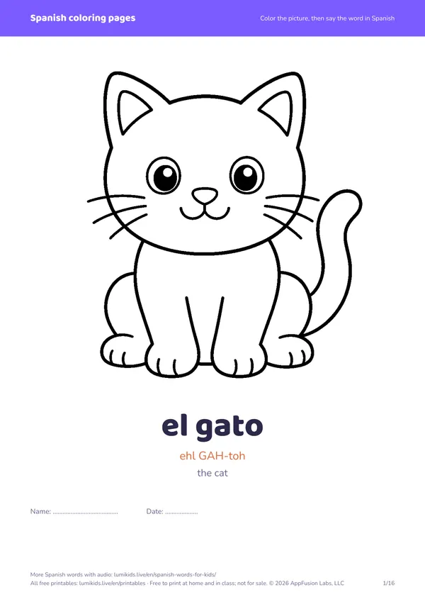 Spanish coloring pages: first page of the PDF, a cat to color with the word el gato