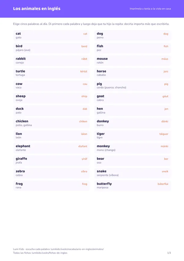 Los animales en inglés: primera página de la ficha en PDF