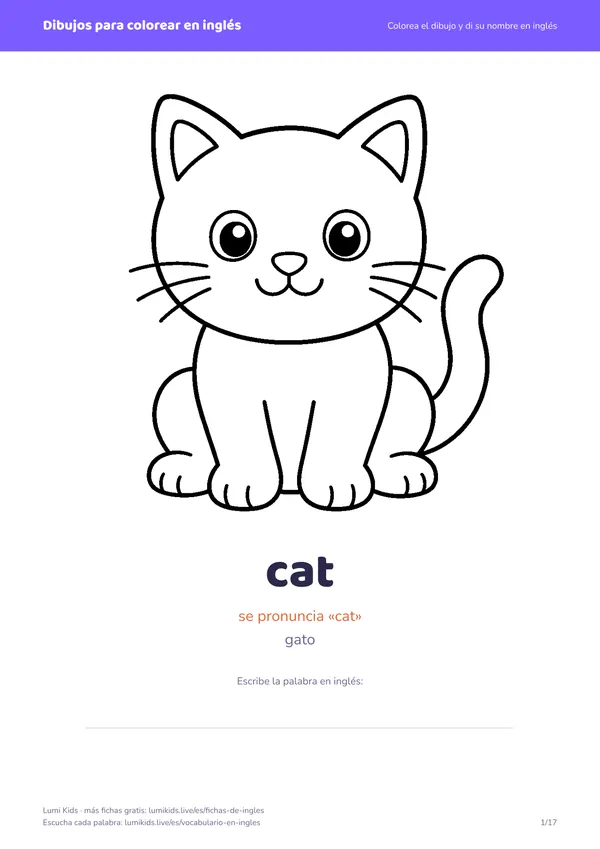 Dibujos para colorear en inglés: primera página del PDF, un gato para colorear con su nombre en inglés