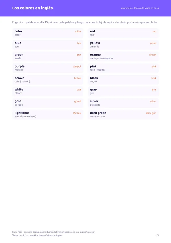 Los colores en inglés: primera página de la ficha en PDF