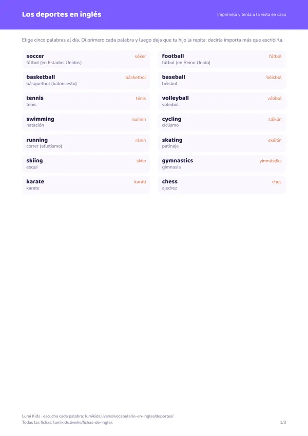 Los deportes en inglés: primera página de la ficha en PDF