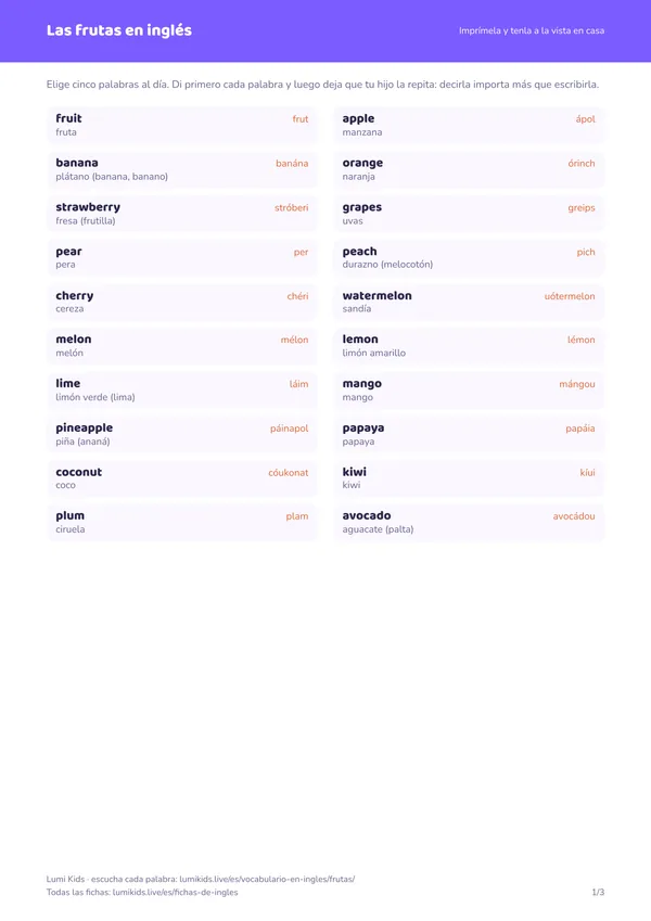 Las frutas en inglés: primera página de la ficha en PDF