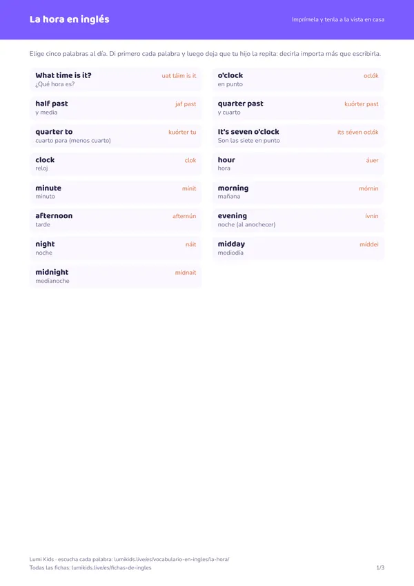 La hora en inglés: primera página de la ficha en PDF