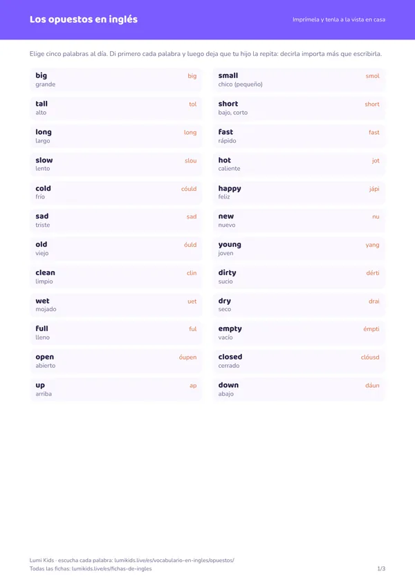 Los opuestos en inglés: primera página de la ficha en PDF