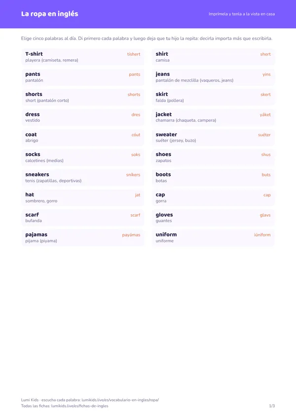 La ropa en inglés: primera página de la ficha en PDF