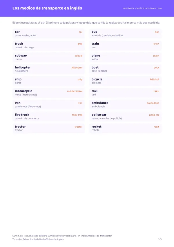Los medios de transporte en inglés: primera página de la ficha en PDF