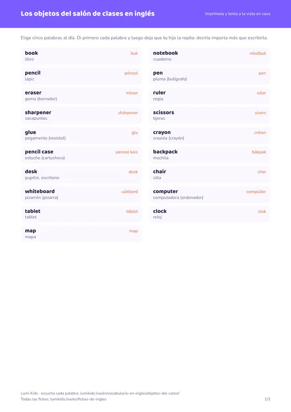 Los objetos del salón de clases en inglés: primera página de la ficha en PDF
