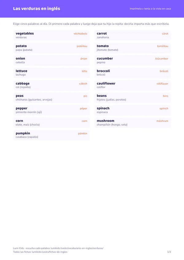 Las verduras en inglés: primera página de la ficha en PDF