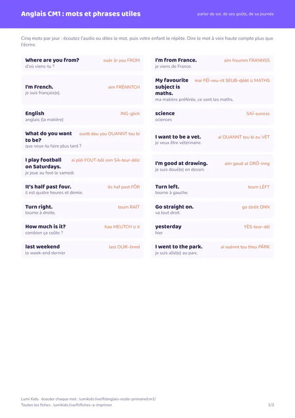 L'anglais au CM1 : mots et phrases utiles : première page de la fiche PDF