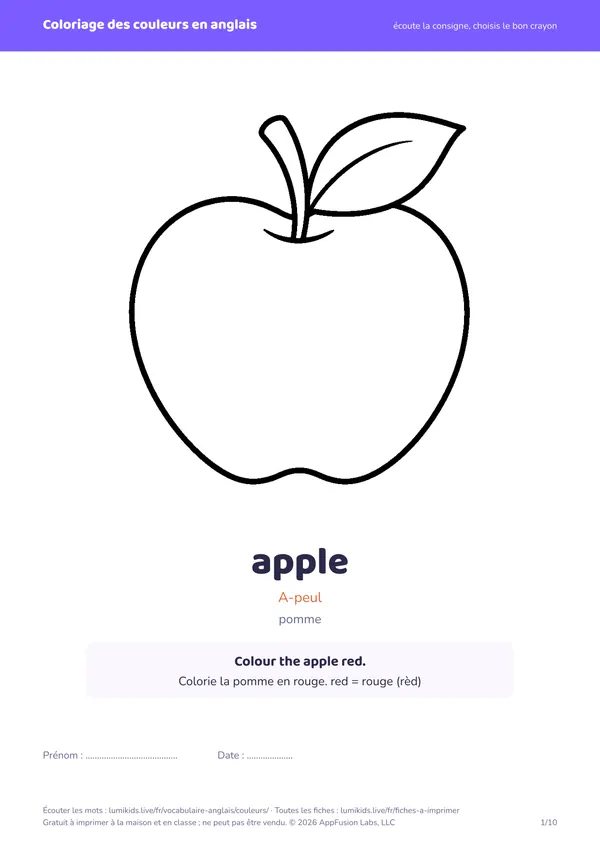 Coloriage des couleurs en anglais : première page, une pomme à colorier en rouge