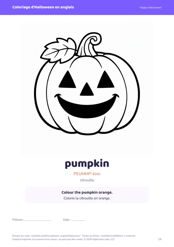 Coloriage d'Halloween en anglais : première page, une citrouille souriante à colorier