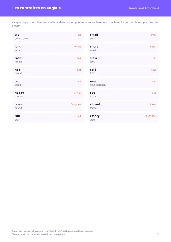 Les contraires en anglais : première page de la fiche PDF