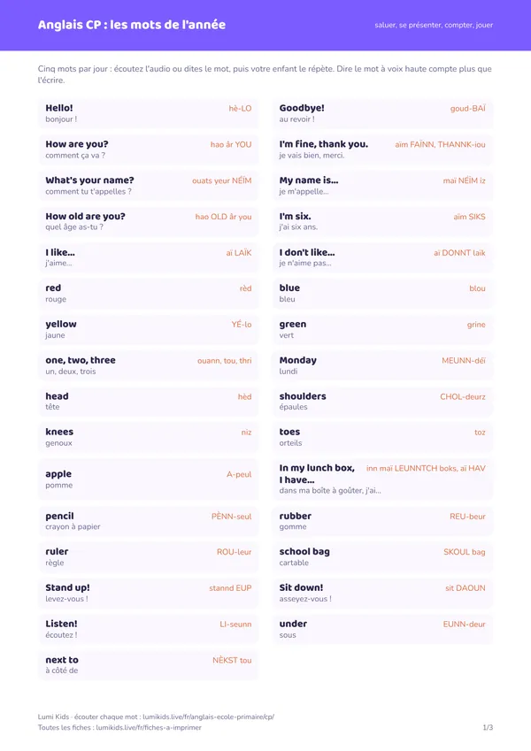 L'anglais au CP : les mots et les phrases de l'année : première page de la fiche PDF