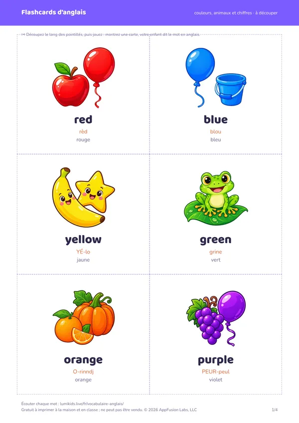 Flashcards d'anglais : première page, des cartes de couleurs à découper