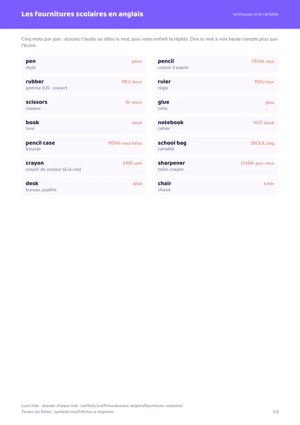Les fournitures scolaires en anglais : première page de la fiche PDF