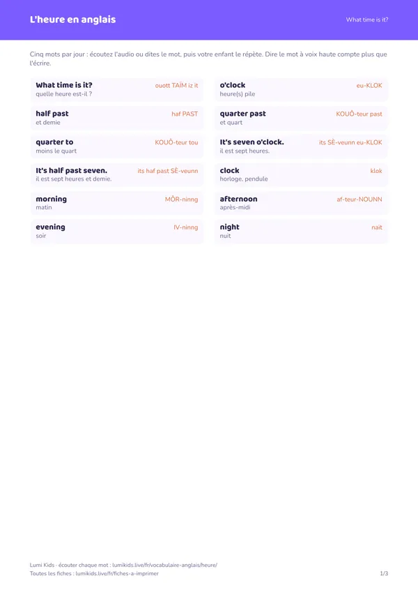 L'heure en anglais : première page de la fiche PDF