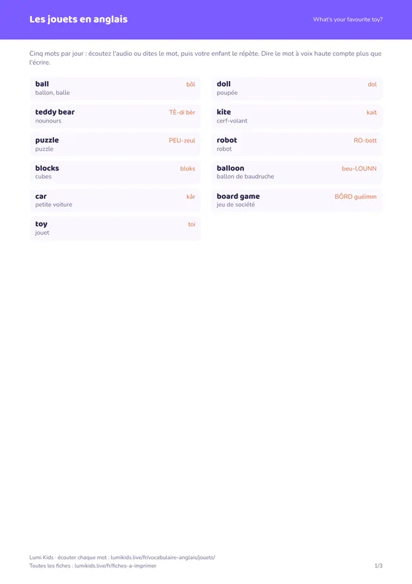 Les jouets en anglais : première page de la fiche PDF