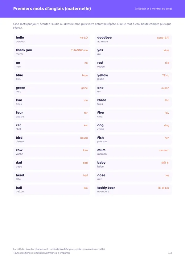 Premiers mots d'anglais pour la maternelle (MS, GS) : première page de la fiche PDF