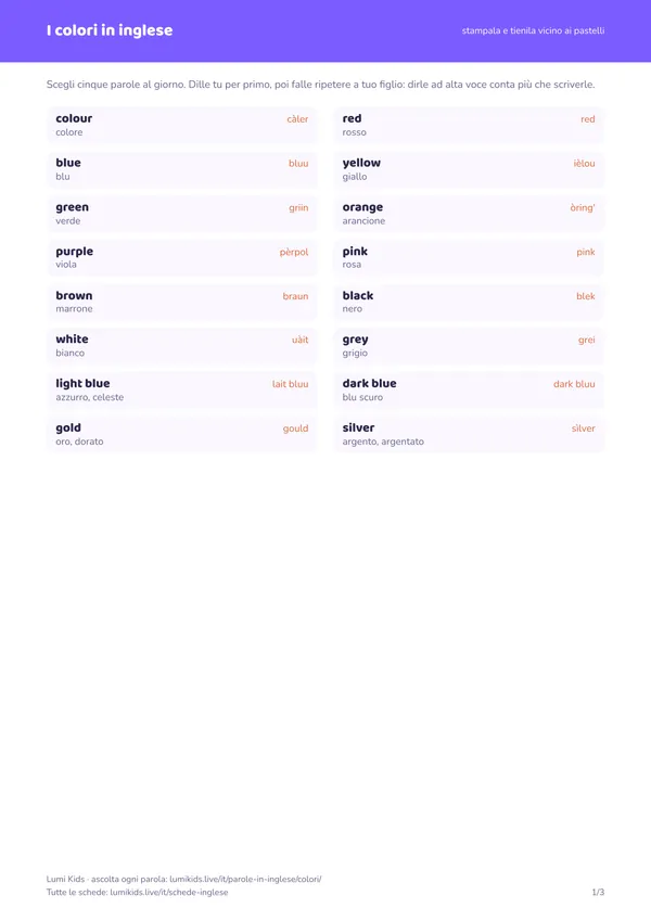 I colori in inglese: anteprima della prima pagina del PDF