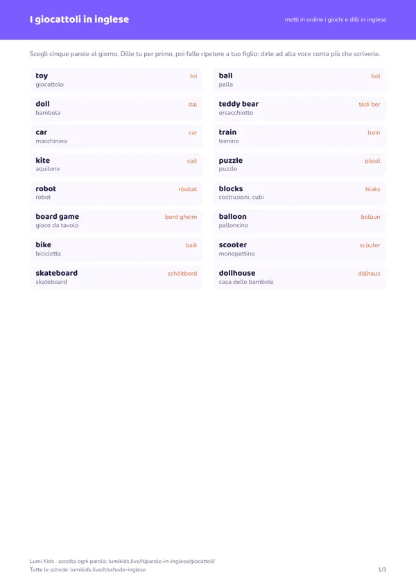 I giocattoli in inglese: anteprima della prima pagina del PDF