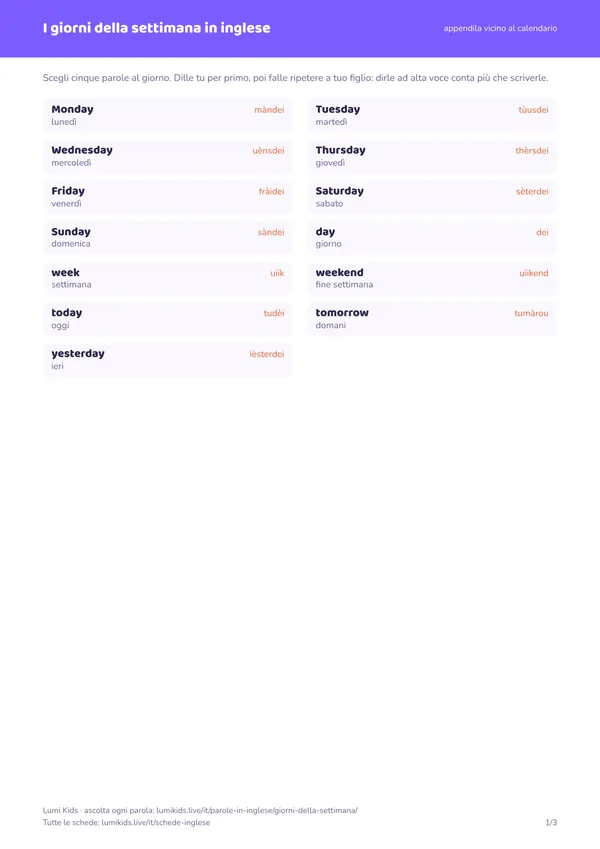I giorni della settimana in inglese: anteprima della prima pagina del PDF