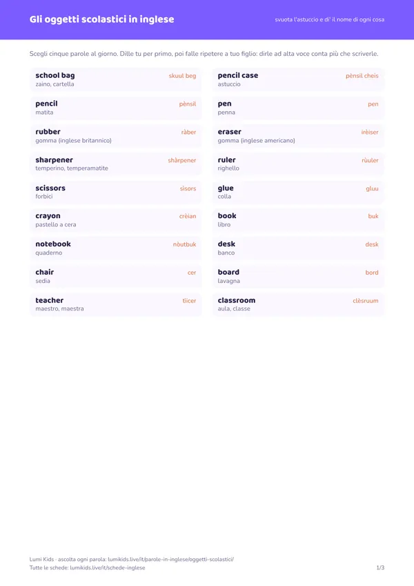 Gli oggetti scolastici in inglese: anteprima della prima pagina del PDF