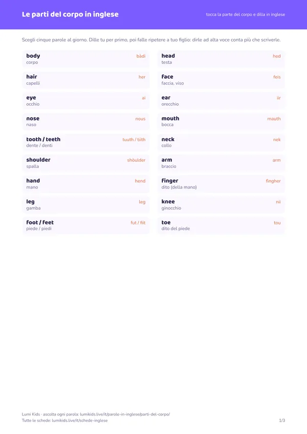 Le parti del corpo in inglese: anteprima della prima pagina del PDF