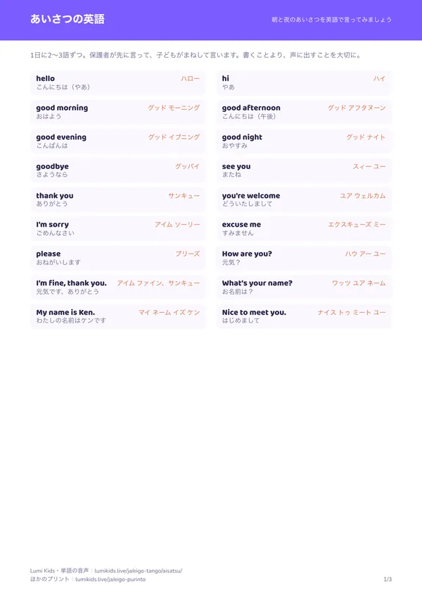 あいさつの英語のプリントの1ページ目