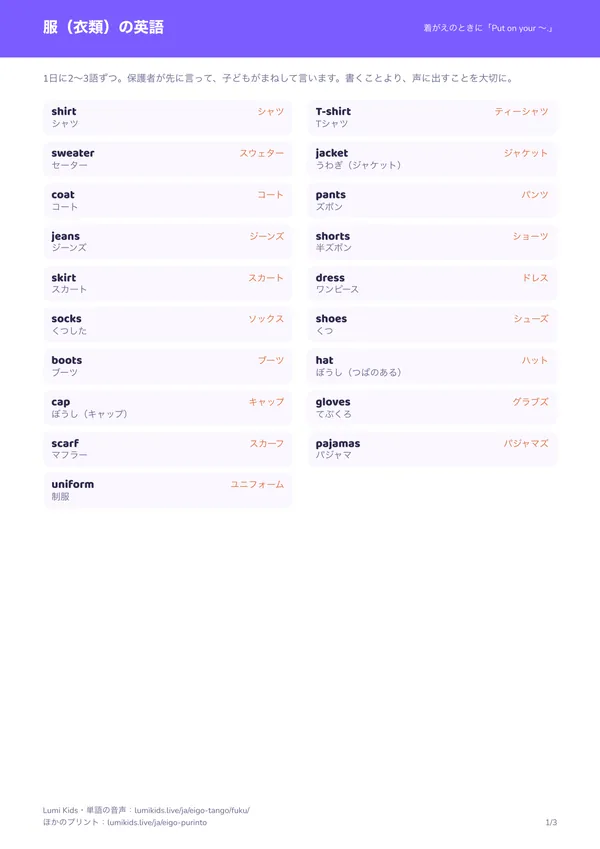 服(衣類)の英語のプリントの1ページ目