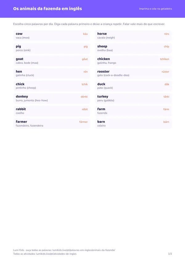 Os animais da fazenda em inglês: primeira página do PDF