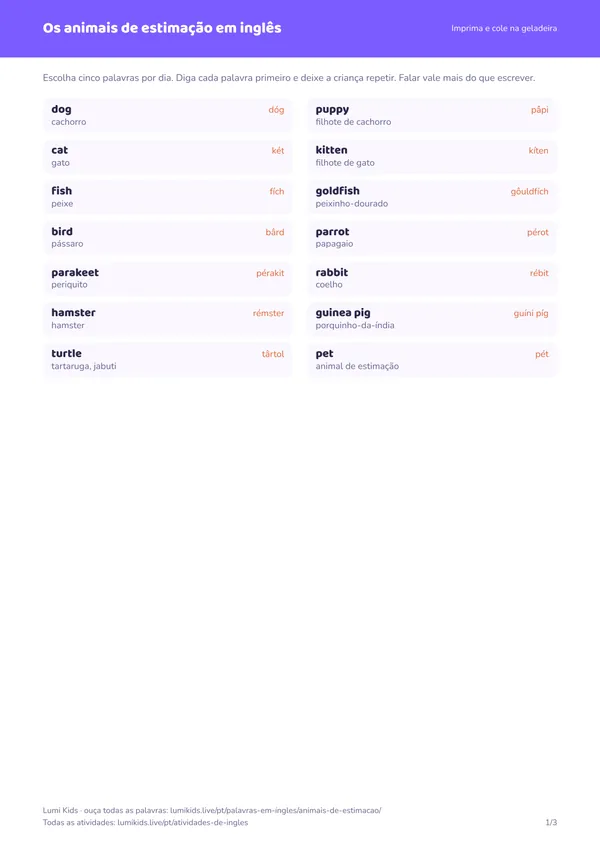 Os animais de estimação em inglês: primeira página do PDF