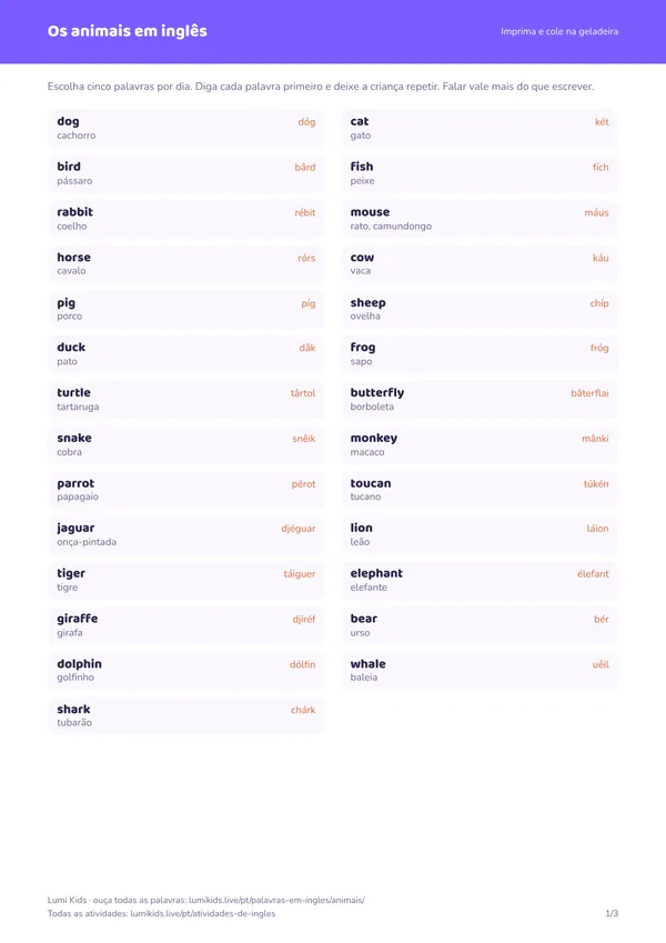 Os animais em inglês: primeira página do PDF