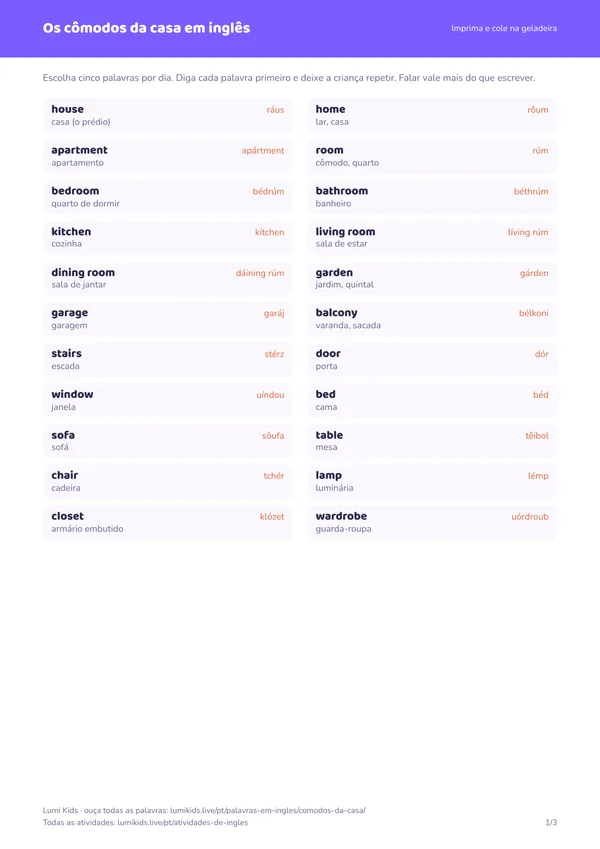 Os cômodos da casa em inglês: primeira página do PDF
