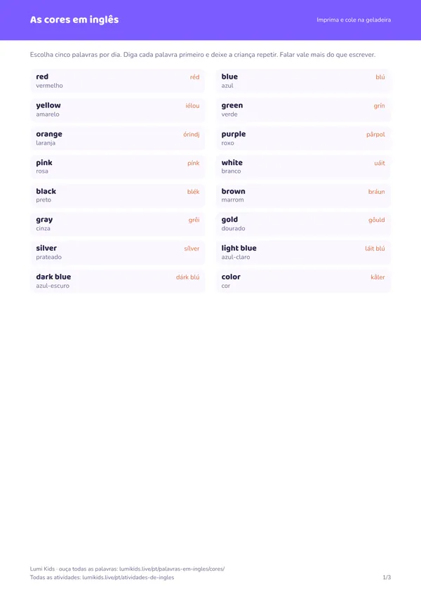 As cores em inglês: primeira página do PDF
