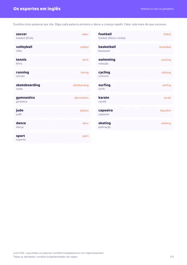 Os esportes em inglês: primeira página do PDF