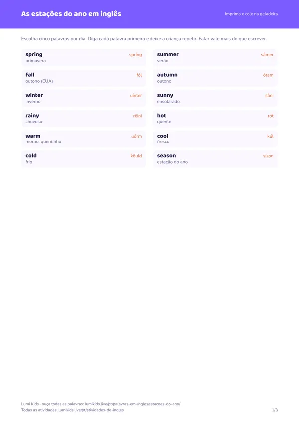 As estações do ano em inglês: primeira página do PDF