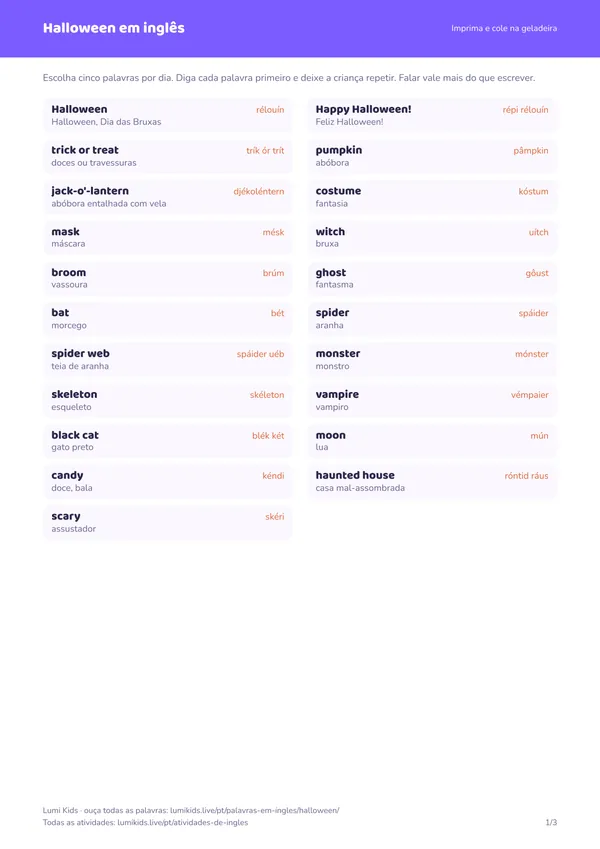 Halloween em inglês: primeira página do PDF