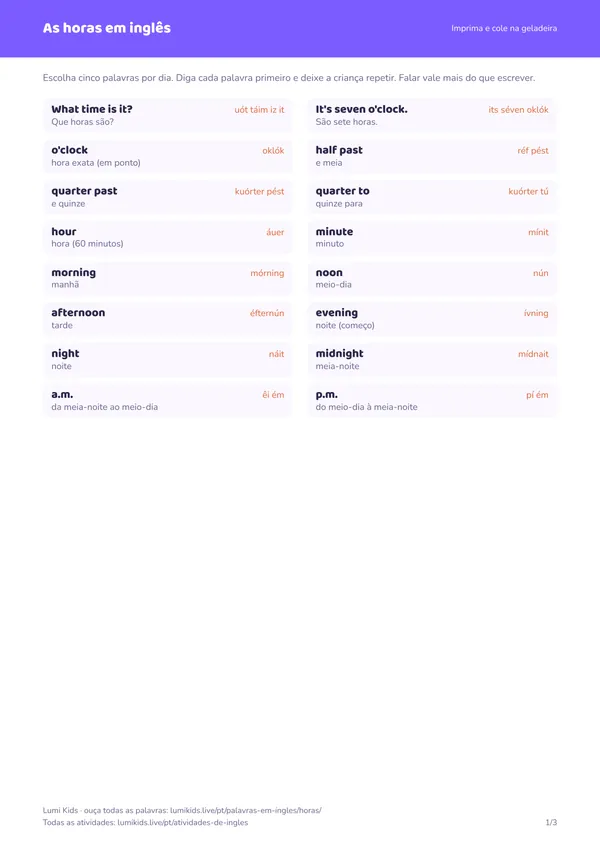 As horas em inglês: primeira página do PDF
