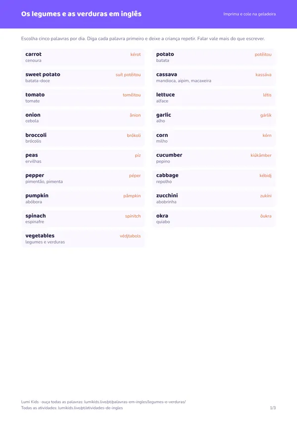 Os legumes e as verduras em inglês: primeira página do PDF