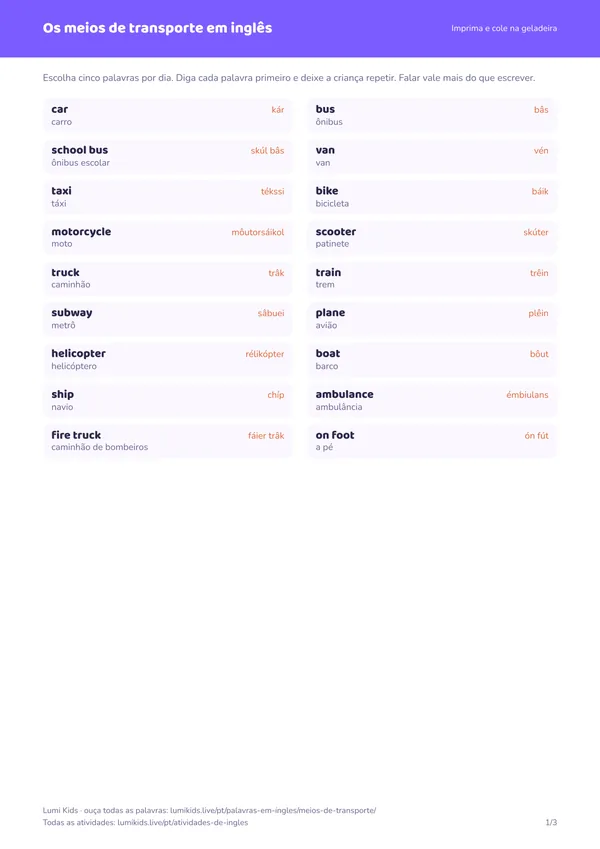 Os meios de transporte em inglês: primeira página do PDF