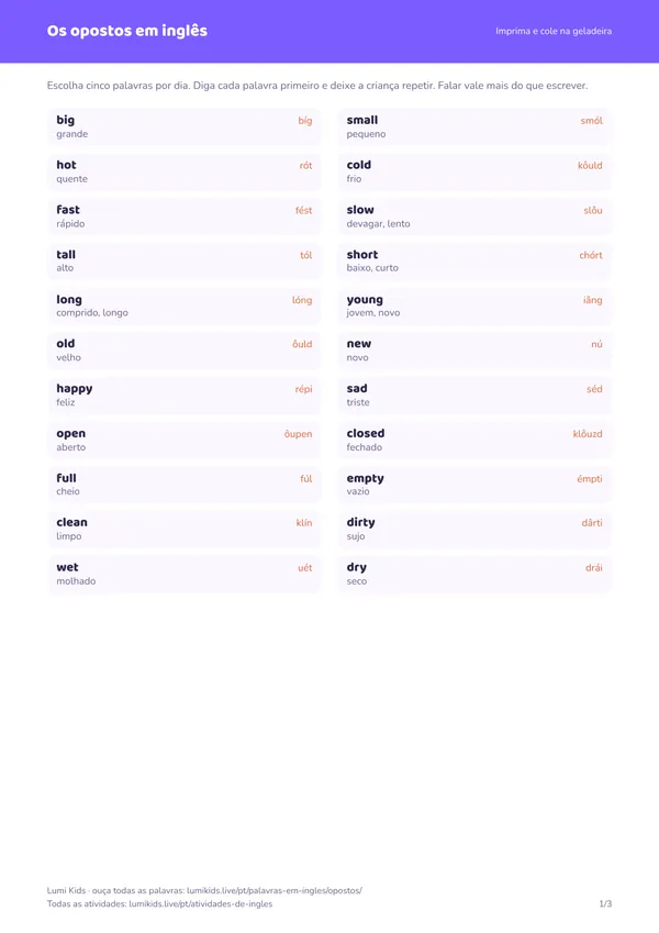 Os opostos em inglês: primeira página do PDF